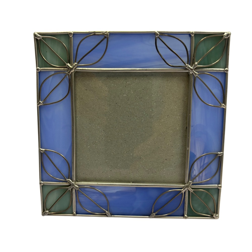 Stained Glass Picture Frame Blue Green Marbled Leaf Wirework 5.5x5.5 Square